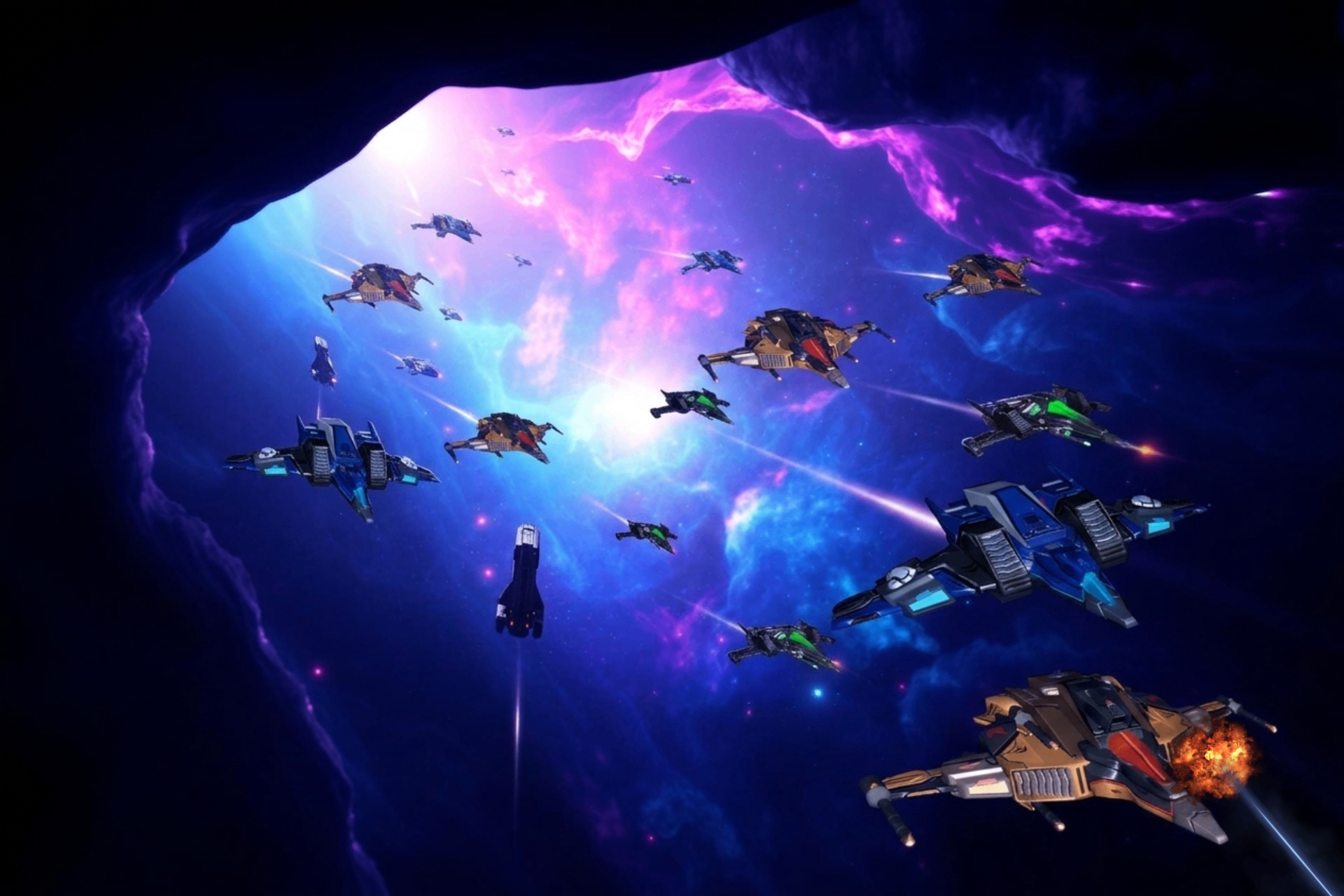 Fleet of starships emerging through a nebula rift